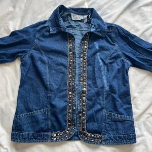 Vintage Y2K boho blue denim lightweight jacket with beaded & chain details large